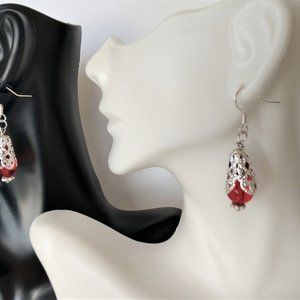Handmade Red and Silver Filigree Beaded Earrings On Silver Tone Fishhooks 1.75in
